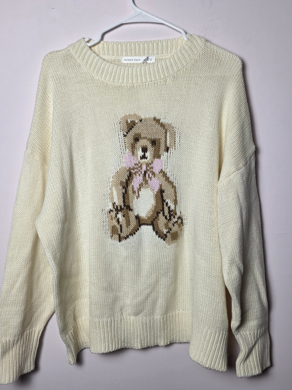Altar’d State Teddy Bear Sweater Size L Cream Knit Cottagecore Cozy Pullover